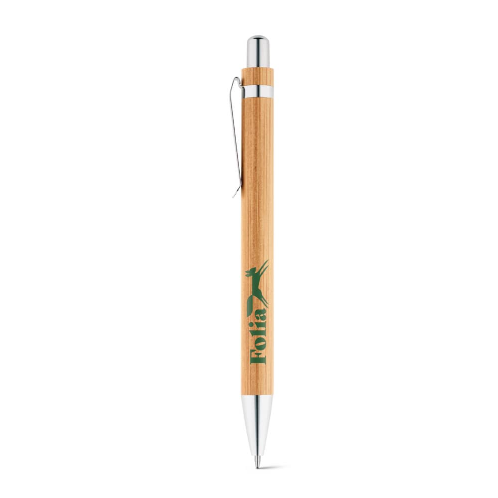 Conjunto de caneta esferográfica com escrita em azul e lapiseira, ambas em bambu