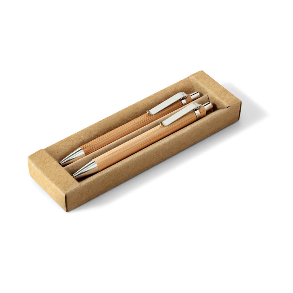 Conjunto de caneta esferográfica com escrita em azul e lapiseira, ambas em bambu