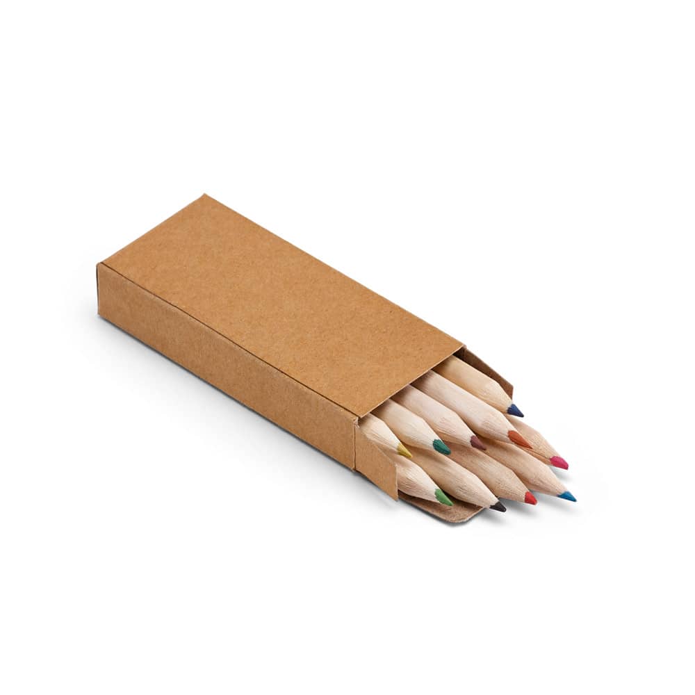 Caixa de papel kraft reciclado com 10 mini lápis de cor