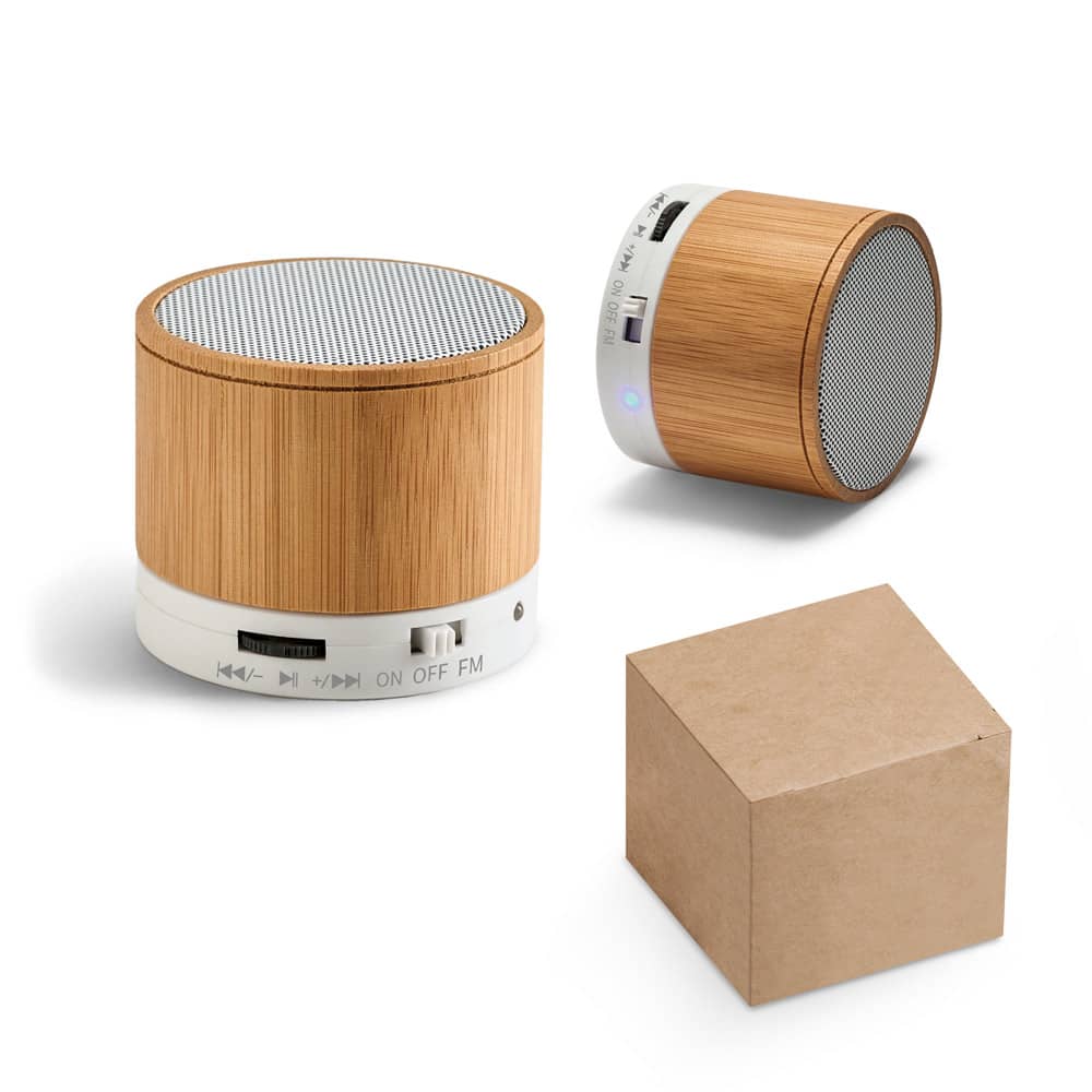 Caixa de som em bambu com microfone