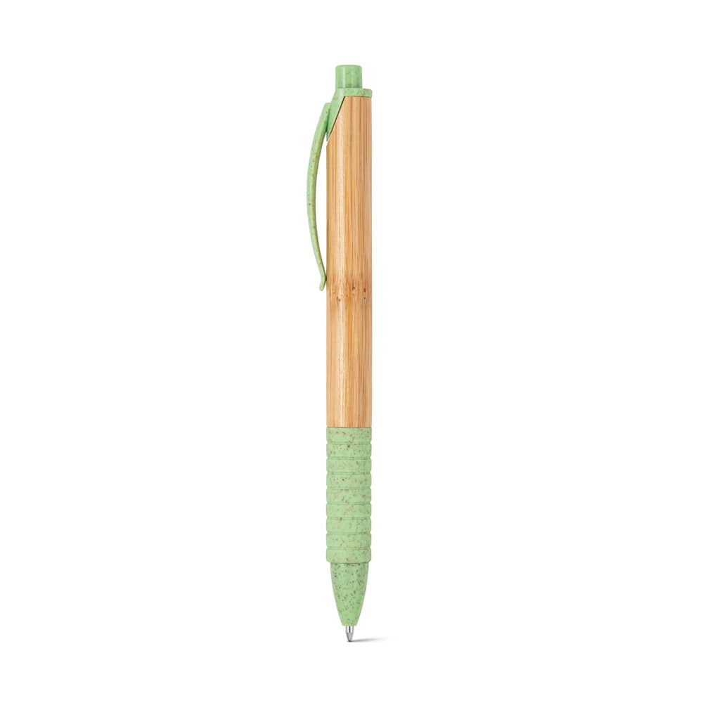 Caneta esferográfica em bambu com escrita em azul