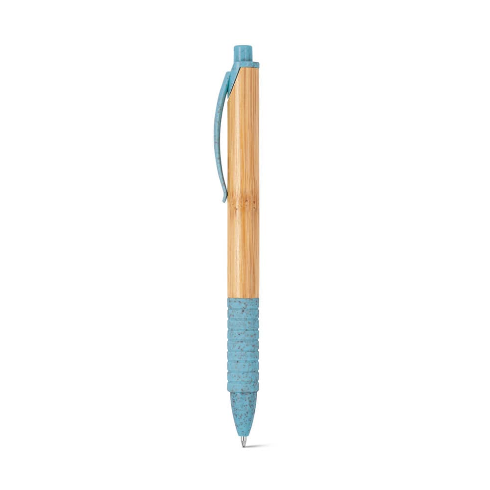 Caneta esferográfica em bambu com escrita em azul
