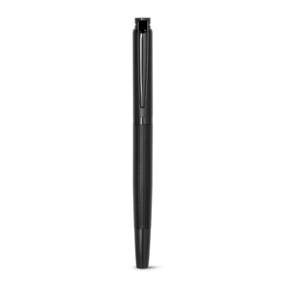 Caneta roller em metal com escrita em preto
