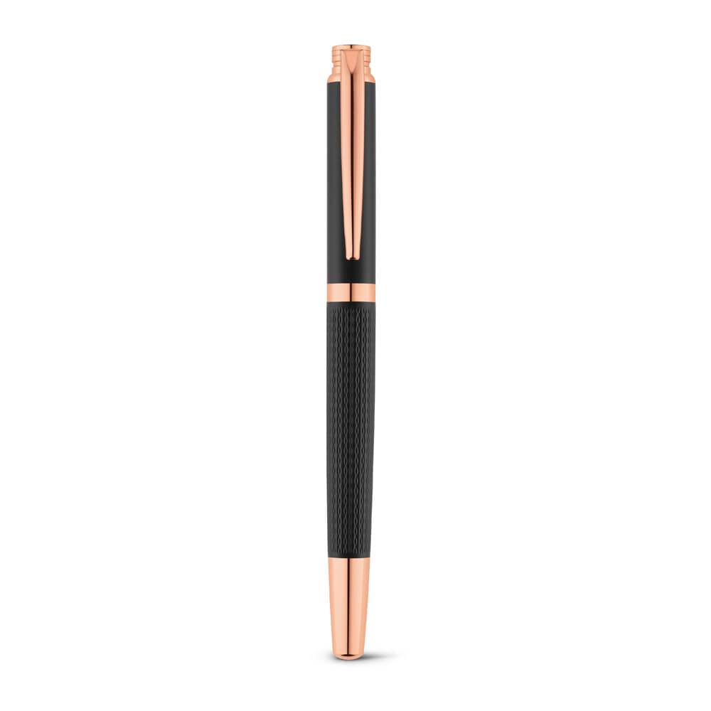 Caneta roller em metal com escrita em preto