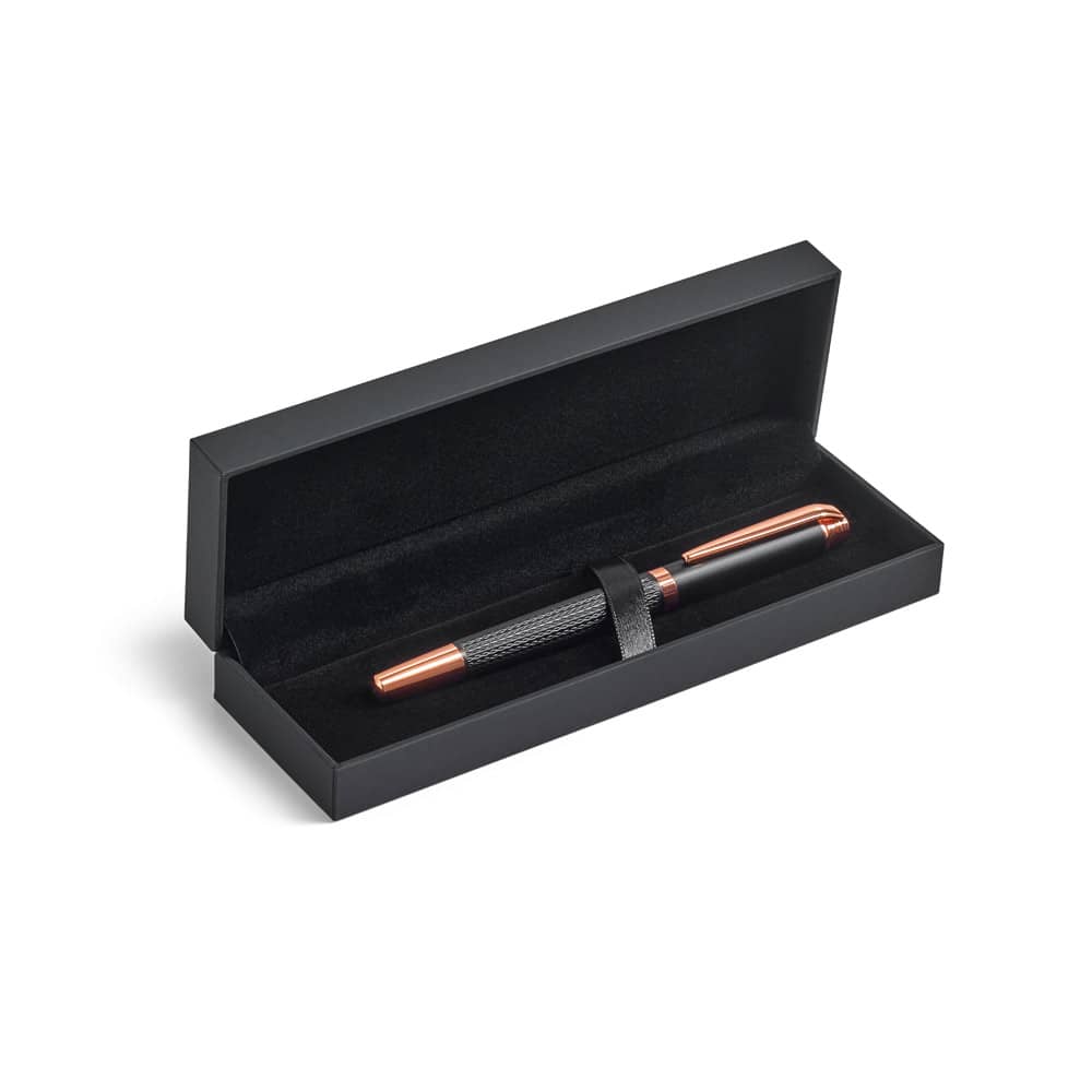 Caneta roller em metal com escrita em preto