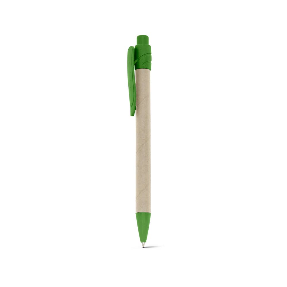 Caneta esferográfica em papel kraft reciclado com escrita em azul