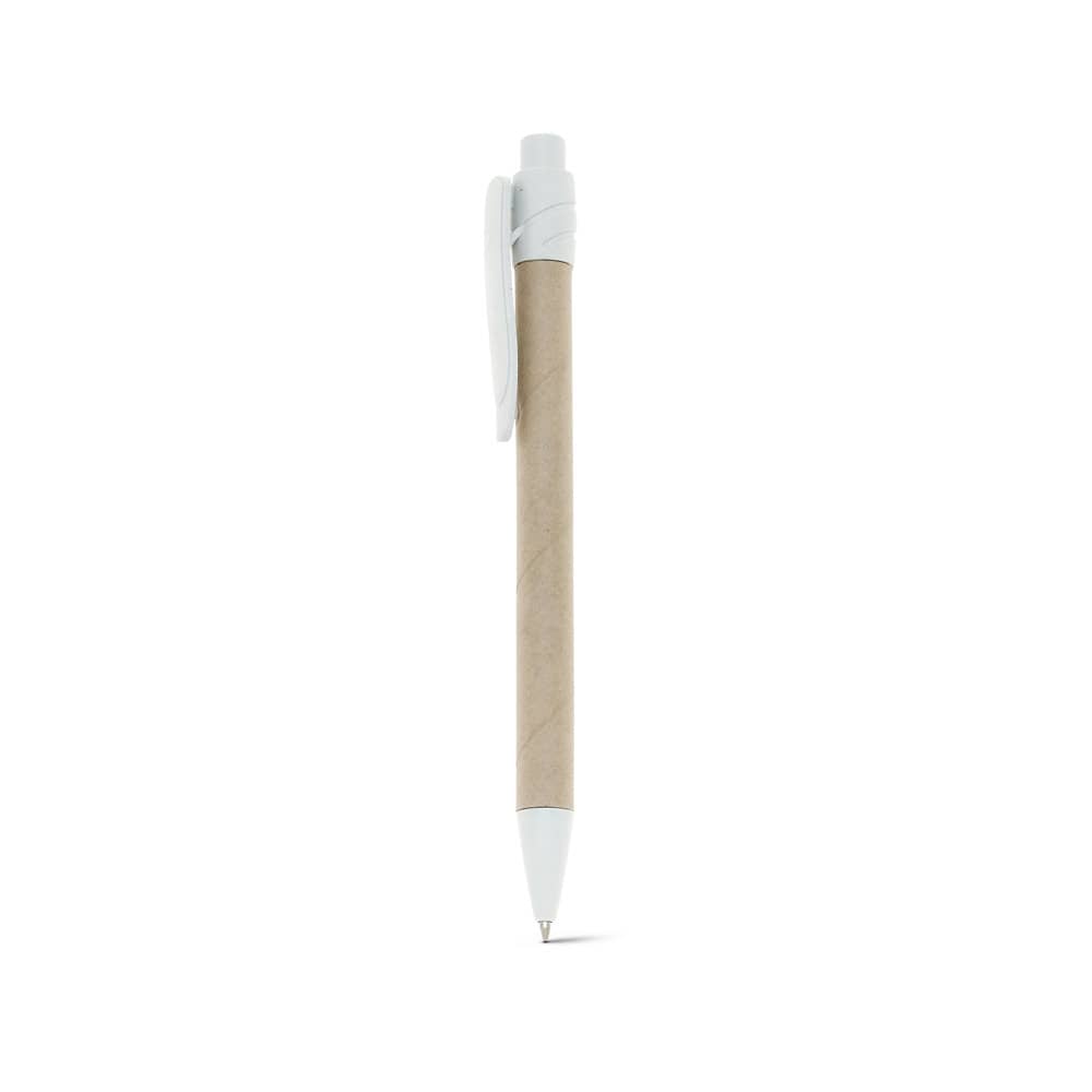 Caneta esferográfica em papel kraft reciclado com escrita em azul
