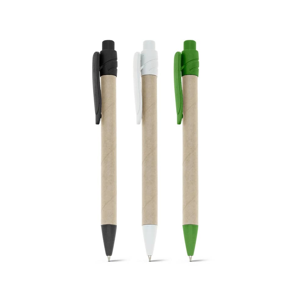 Caneta esferográfica em papel kraft reciclado com escrita em azul