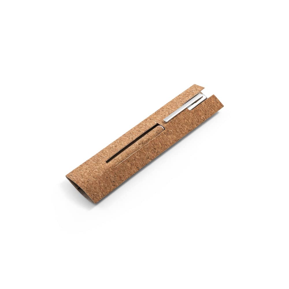 Caneta roller em aço inox 90% reciclado e cortiça com escrita em azul