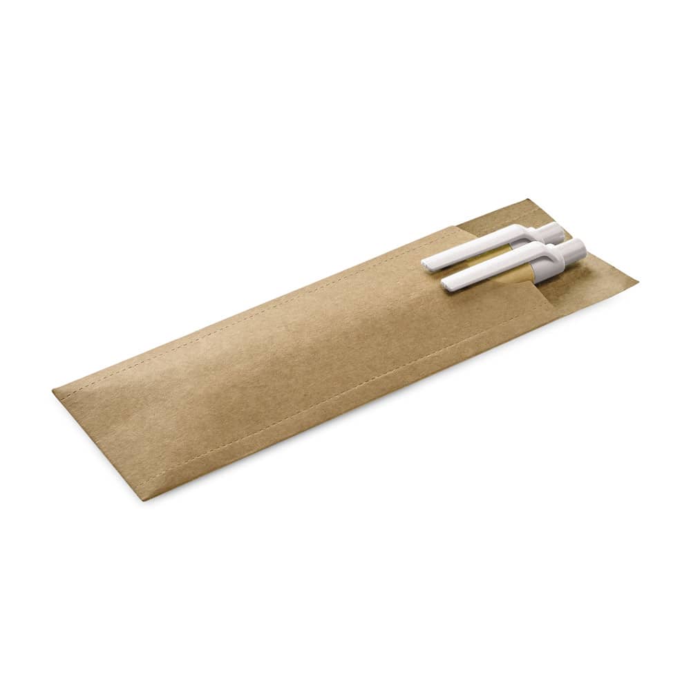 Conjunto de caneta esferográfica com escrita em azul e lapiseira em papel kraft