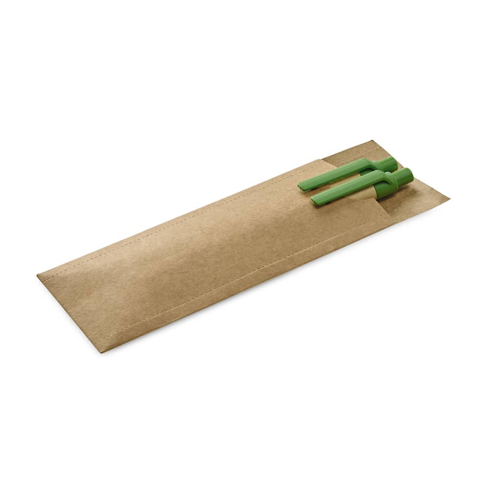 Conjunto de caneta esferográfica com escrita em azul e lapiseira em papel kraft