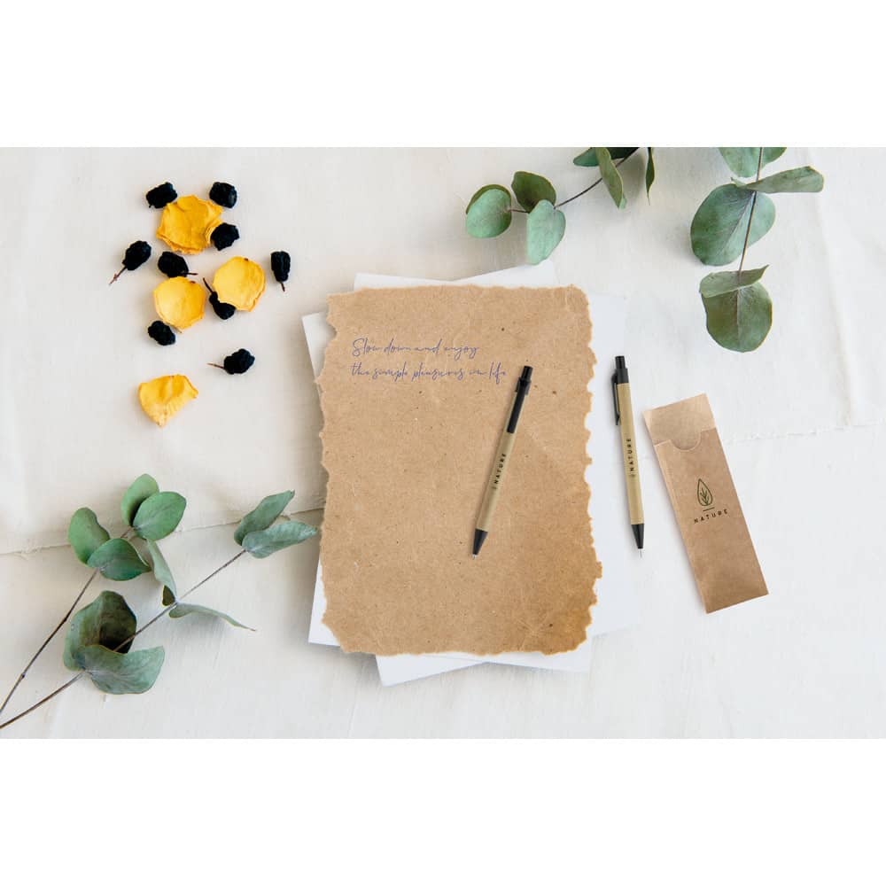 Conjunto de caneta esferográfica com escrita em azul e lapiseira em papel kraft