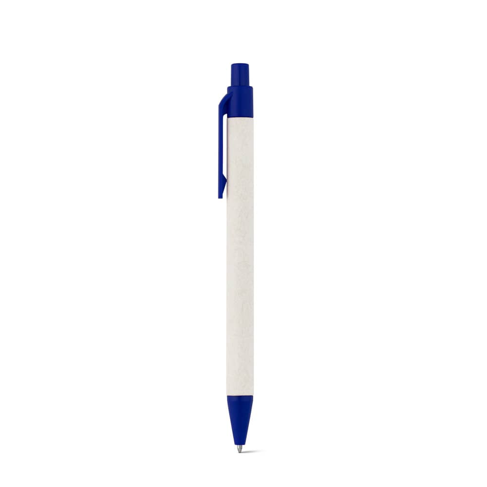 Caneta esferográfica produzida através de pacotes de leite reciclado com escrita em azul