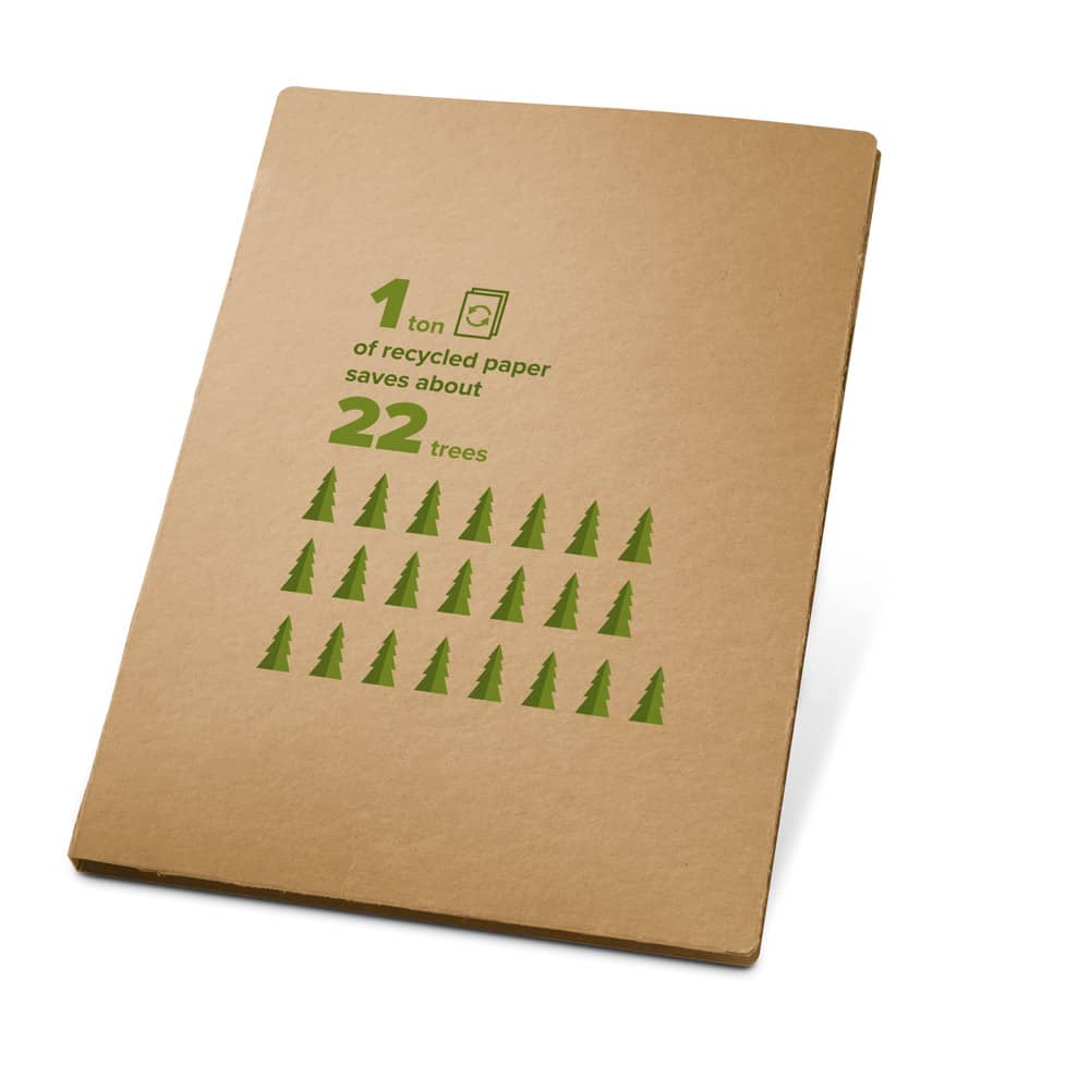 Pasta A4 em cartão kraft 100% reciclado (450 g/m²), com bloco de páginas lisas recicladas