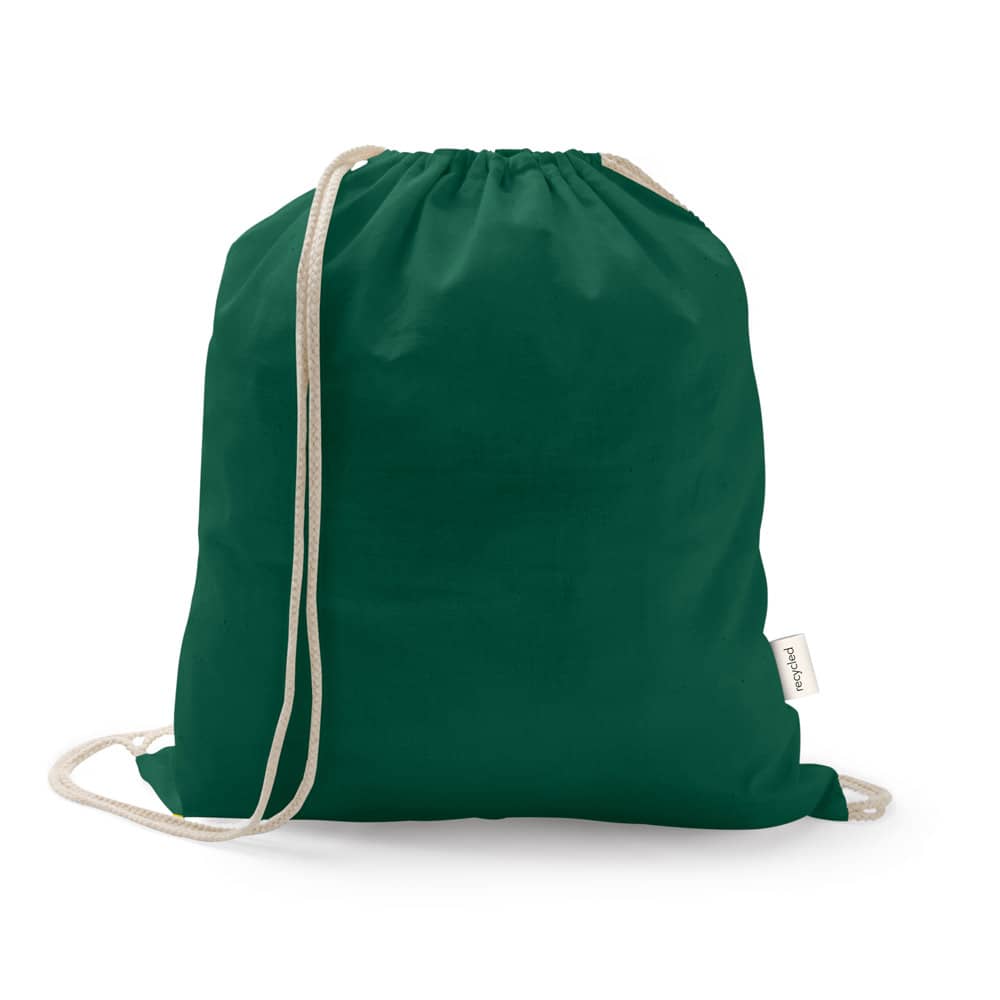 Sacola tipo mochila em 70% algodão reciclado e 30% poliéster reciclado (150 g/m²) sem tingimento