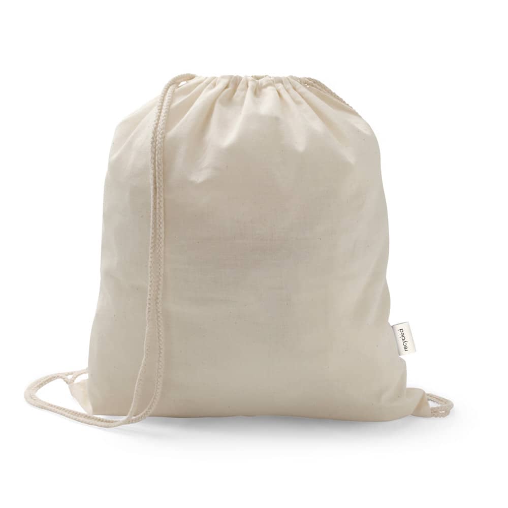 Sacola tipo mochila em 70% algodão reciclado e 30% poliéster reciclado (150 g/m²) sem tingimento