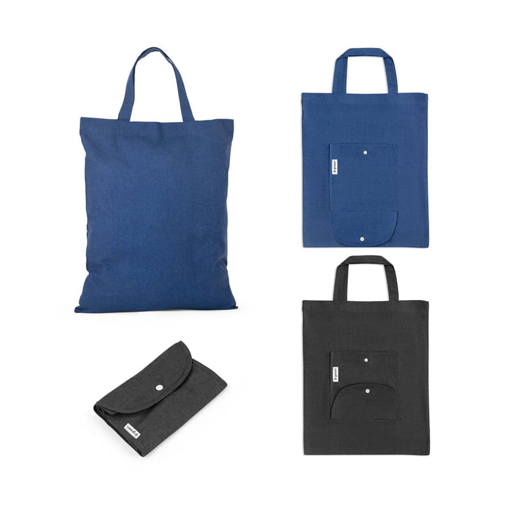 Sacola dobrável em 50% algodão, 30% algodão reciclado e 20% poliéster reciclado (140 g/m²)