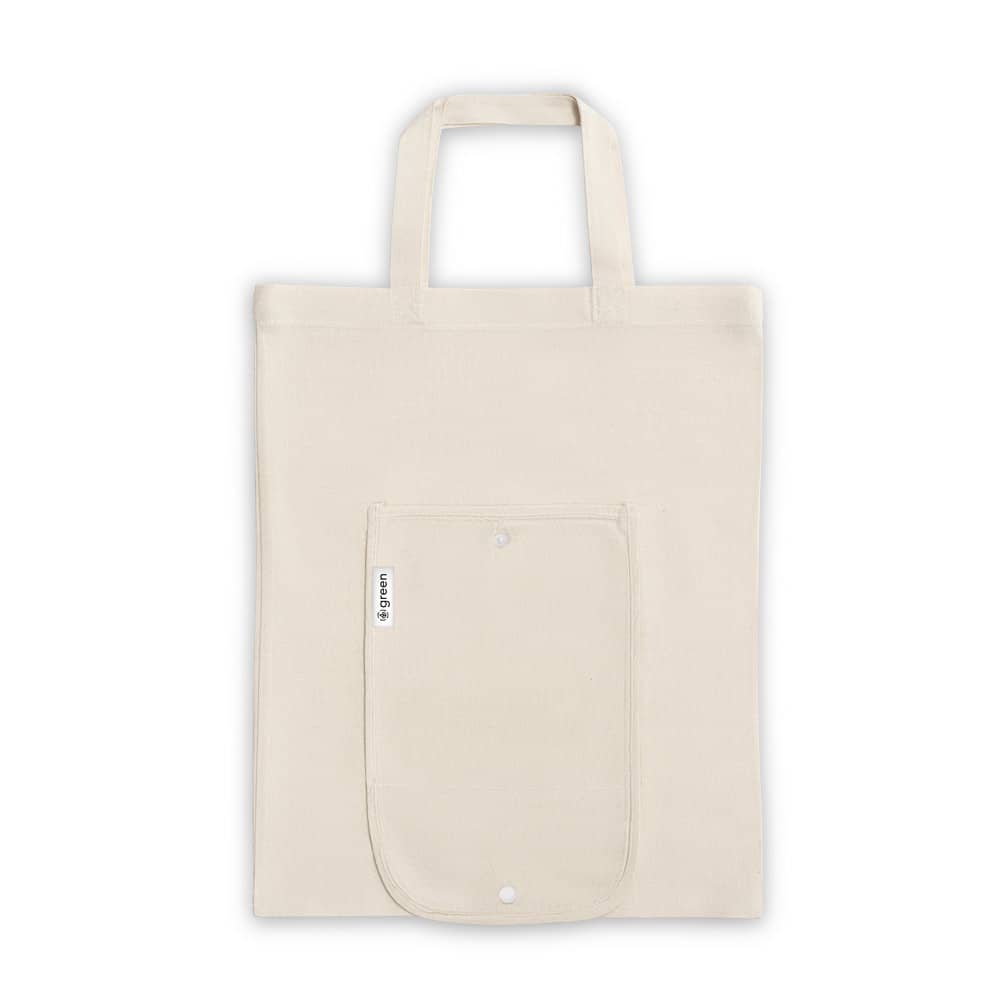 Sacola dobrável em 50% algodão, 30% algodão reciclado e 20% poliéster reciclado (140 g/m²)