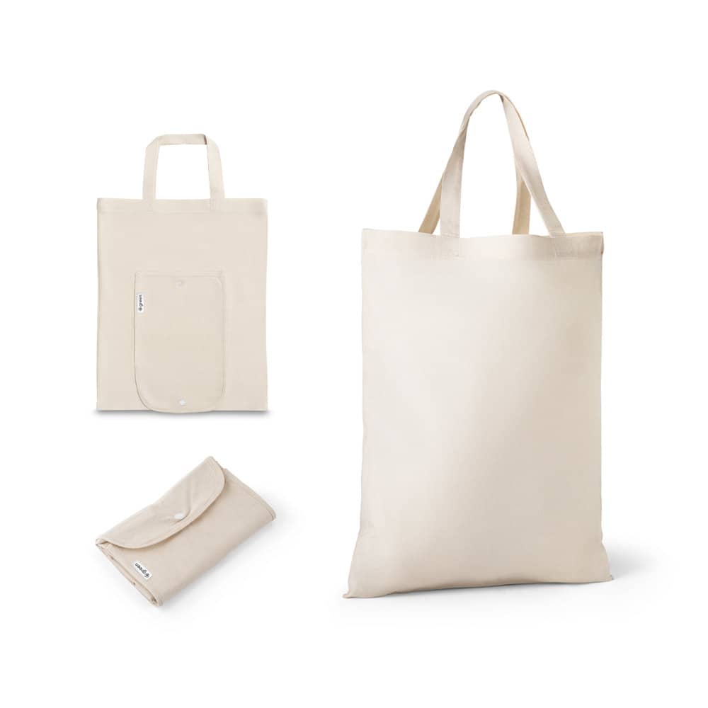 Sacola dobrável em 50% algodão, 30% algodão reciclado e 20% poliéster reciclado (140 g/m²)