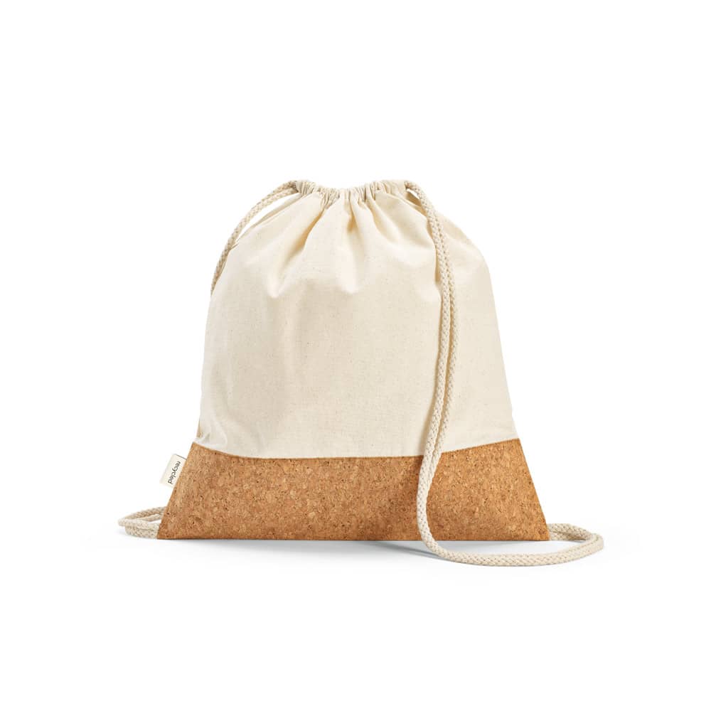 Sacola tipo mochila em 70% algodão reciclado e 30% poliéster reciclado (180g/m²) com base em cortiça