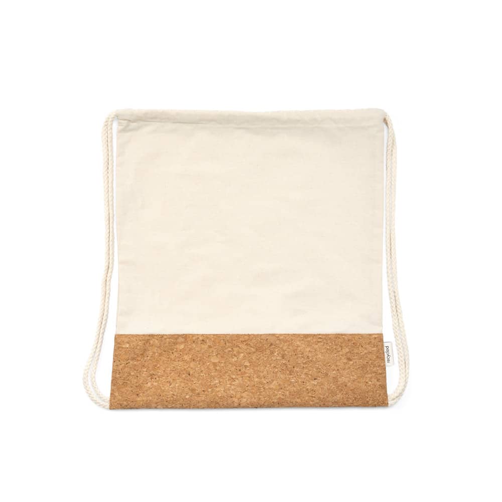 Sacola tipo mochila em 70% algodão reciclado e 30% poliéster reciclado (180g/m²) com base em cortiça