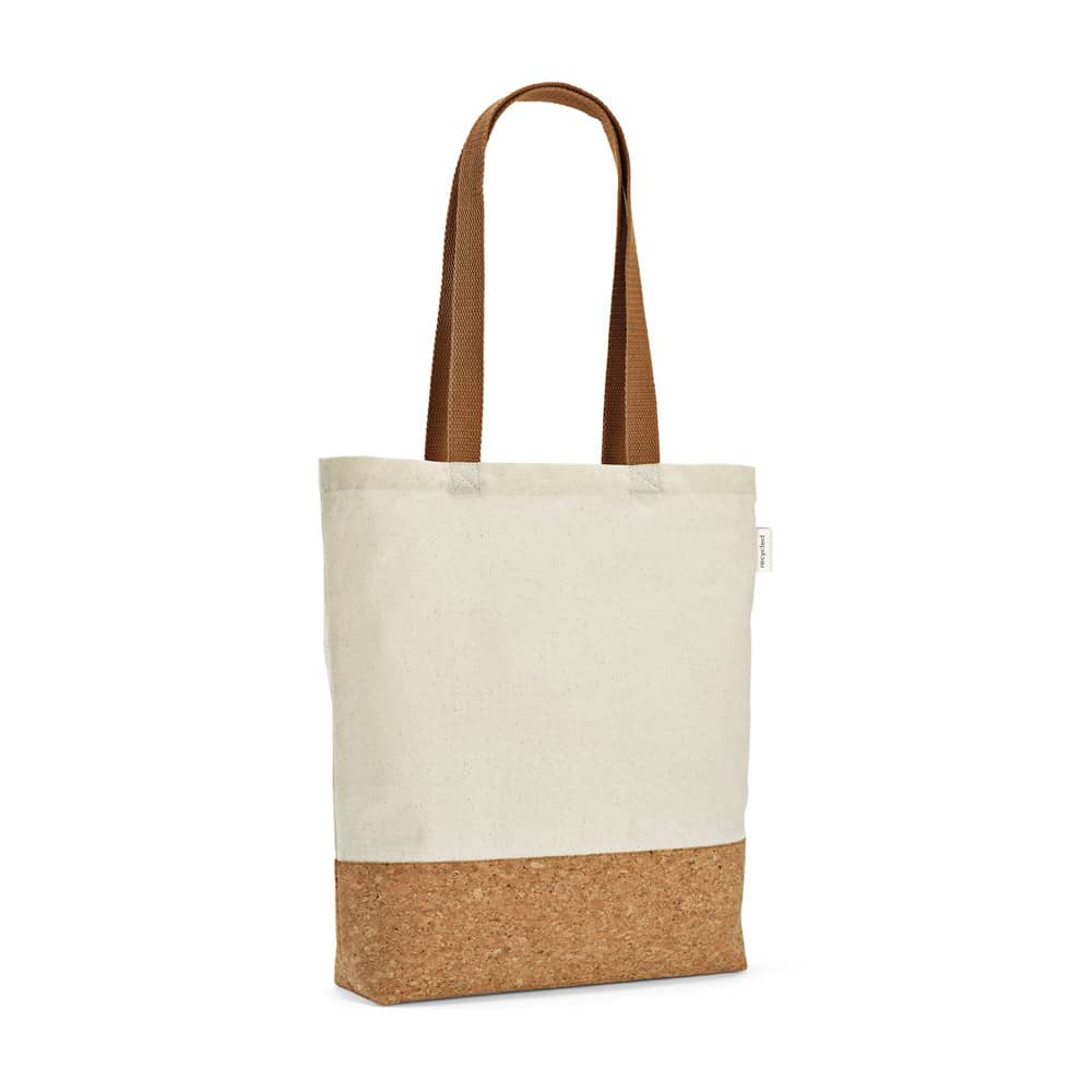 Sacola em 70% algodão reciclado e 30% poliéster reciclado (180 g/m²) com fundo em cortiça
