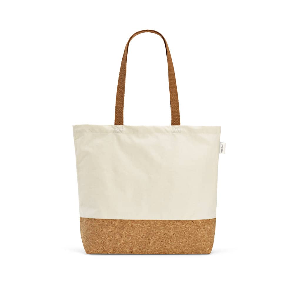 Sacola em 70% algodão reciclado e 30% poliéster reciclado (220 g/m²) com fundo em cortiça