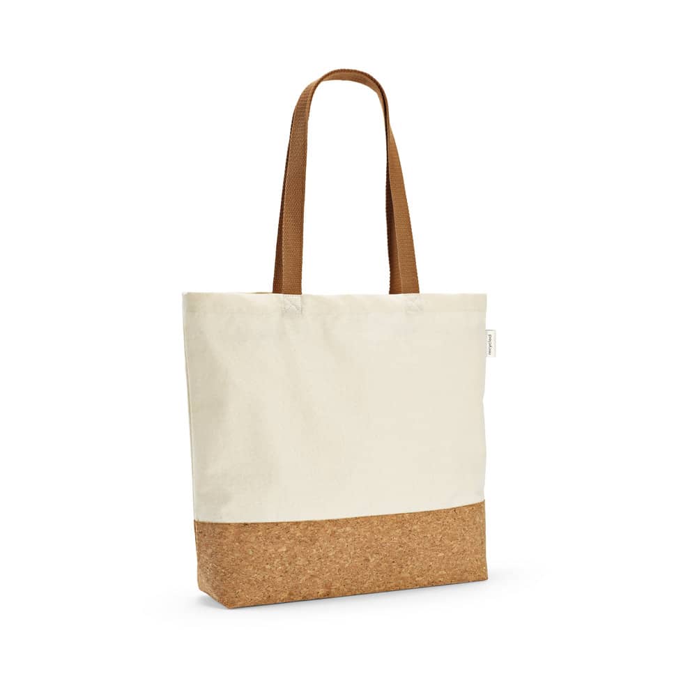 Sacola em 70% algodão reciclado e 30% poliéster reciclado (220 g/m²) com fundo em cortiça