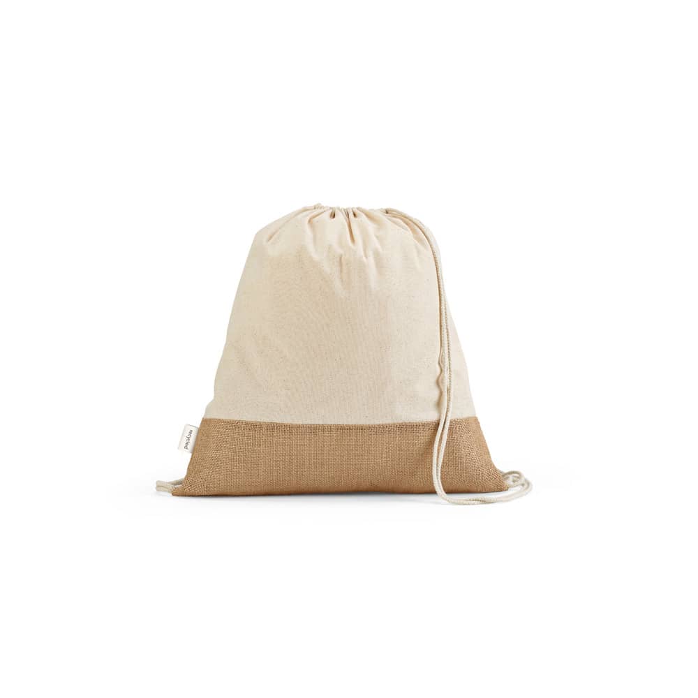 Sacola tipo mochila em 70% algodão reciclado e 30% poliéster reciclado (180 g/m²) com base em juta