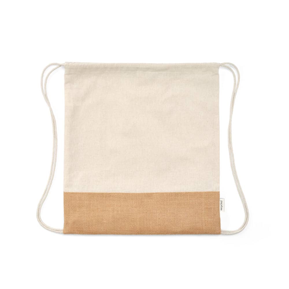 Sacola tipo mochila em 70% algodão reciclado e 30% poliéster reciclado (180 g/m²) com base em juta