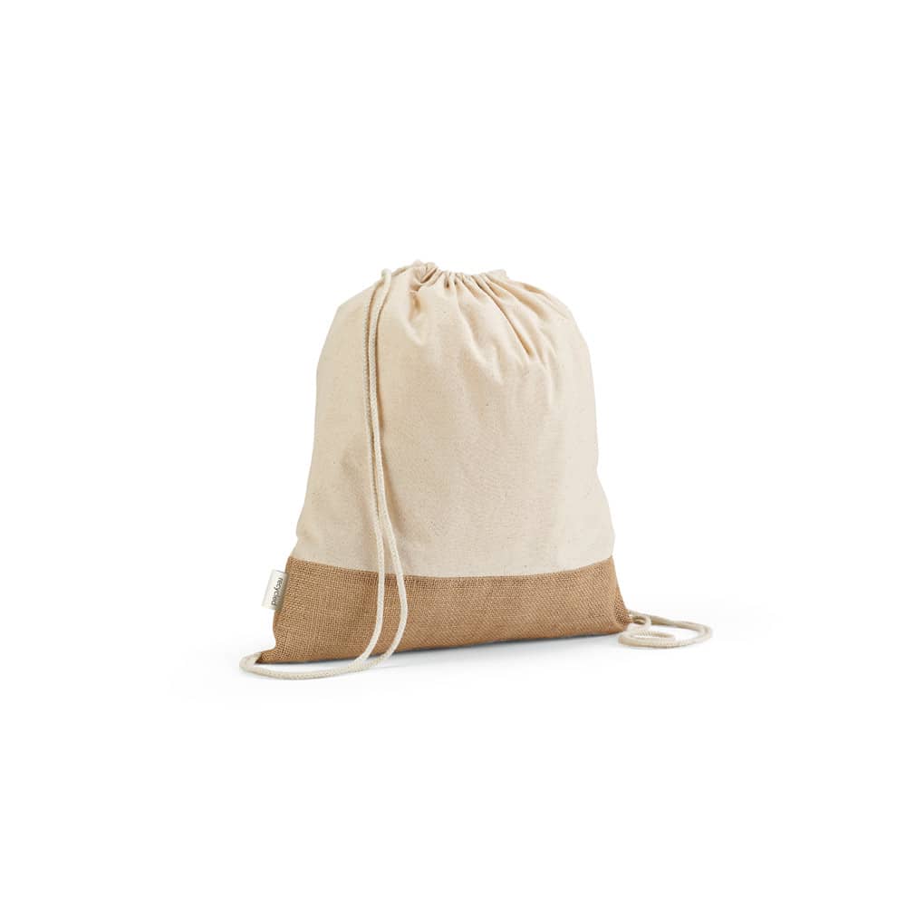 Sacola tipo mochila em 70% algodão reciclado e 30% poliéster reciclado (180 g/m²) com base em juta