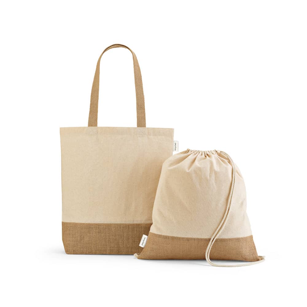 Sacola tipo mochila em 70% algodão reciclado e 30% poliéster reciclado (180 g/m²) com base em juta
