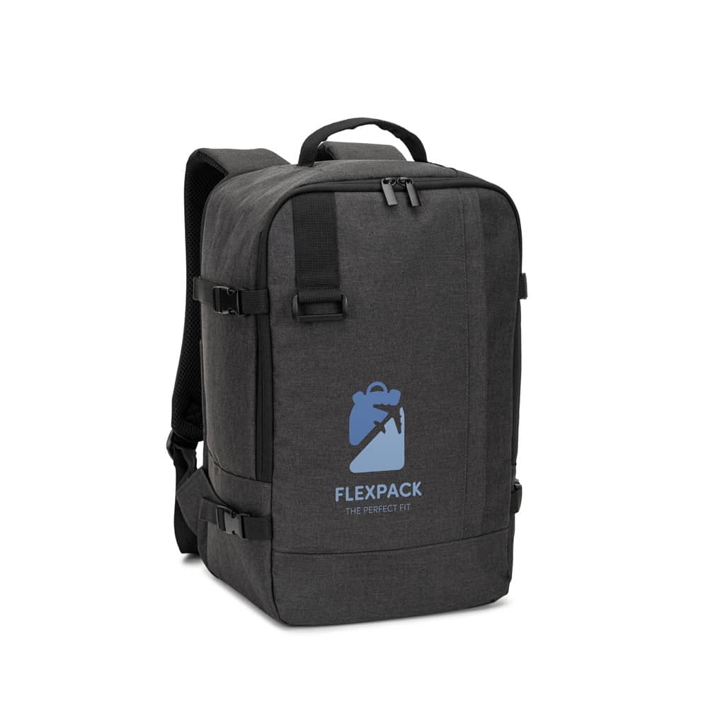 Mochila desenvolvida para cumprir as dimensões exigidas pelas companhias aéreas em poliéster reciclado 600D de alta densidade com acabamento repelente à água (20 L)