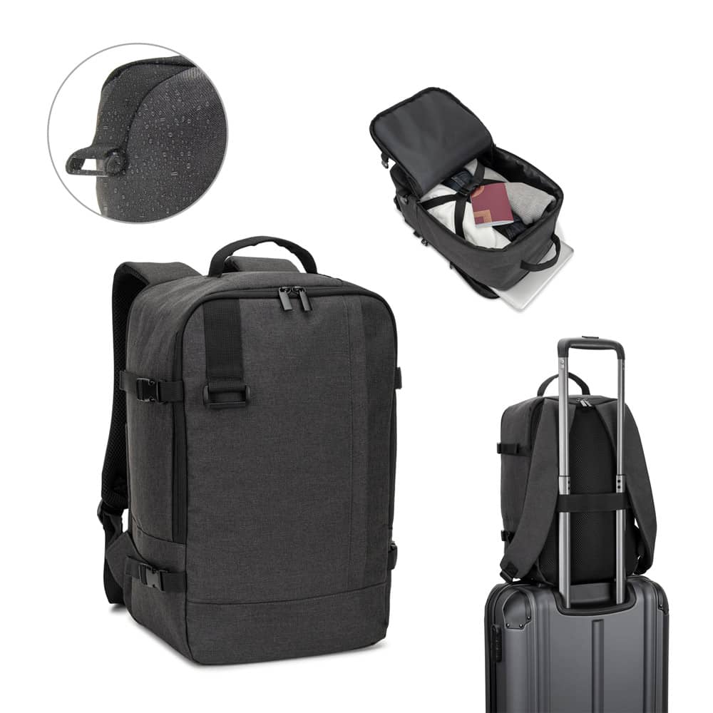 Mochila desenvolvida para cumprir as dimensões exigidas pelas companhias aéreas em poliéster reciclado 600D de alta densidade com acabamento repelente à água (20 L)