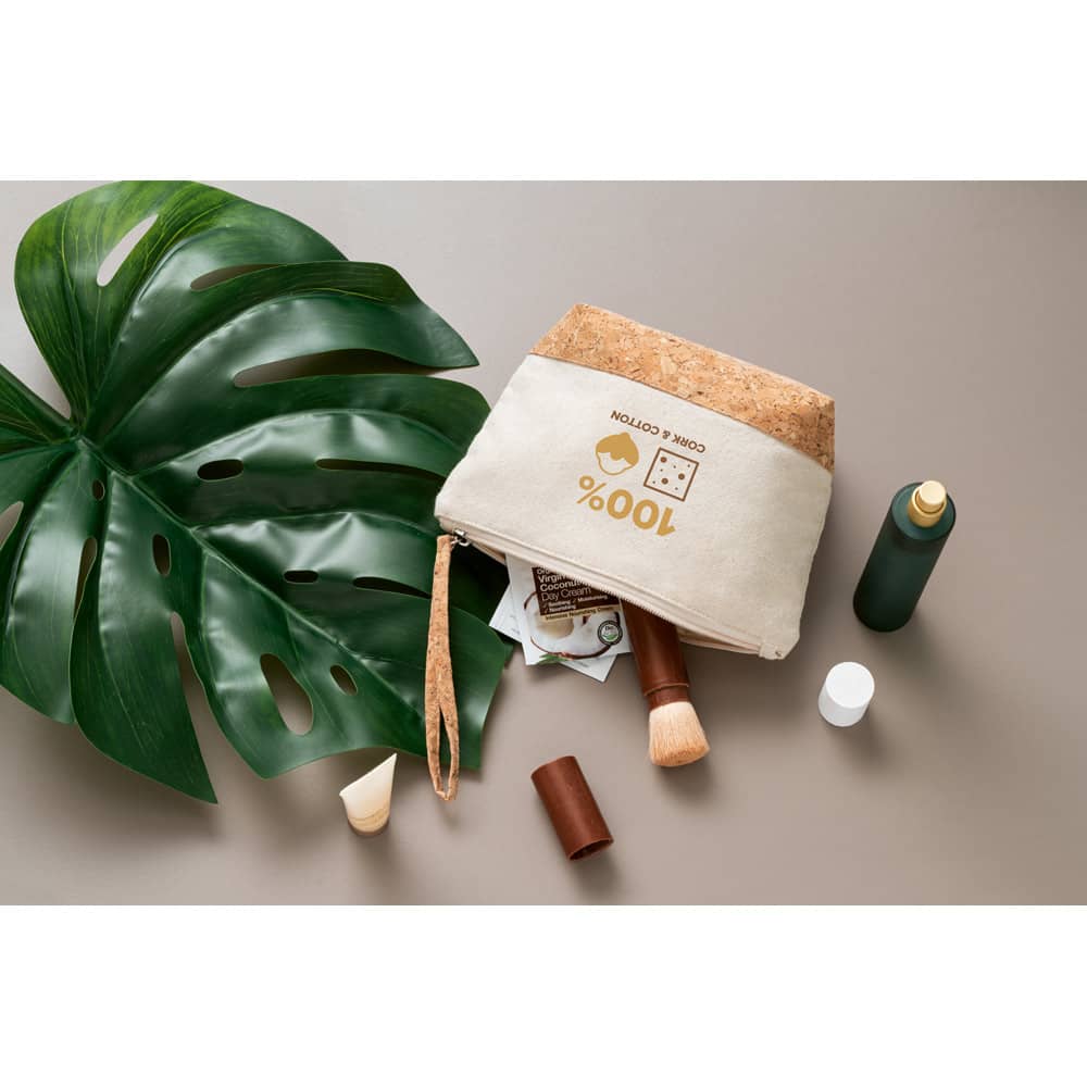 Bolsa de cosméticos 100% de algodão (280 g/m²) com detalhes em cortiça
