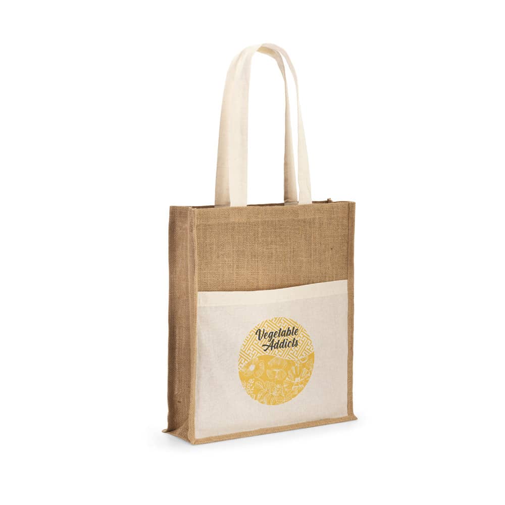 Sacola em 100% juta (240 g/m²) e bolso em 100% algodão (140 g/m²)