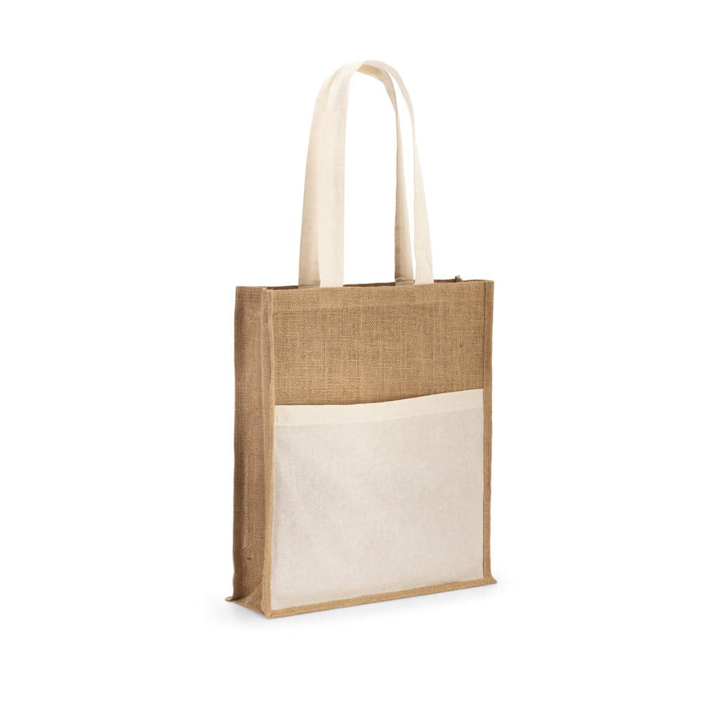 Sacola em 100% juta (240 g/m²) e bolso em 100% algodão (140 g/m²)