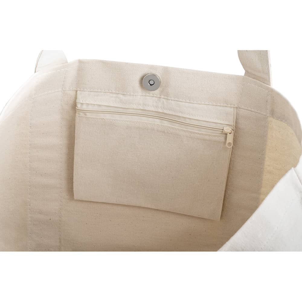 Sacola 100% algodão canvas (280 g/m²) com bolso frontal, bolso interior e fecho magnético