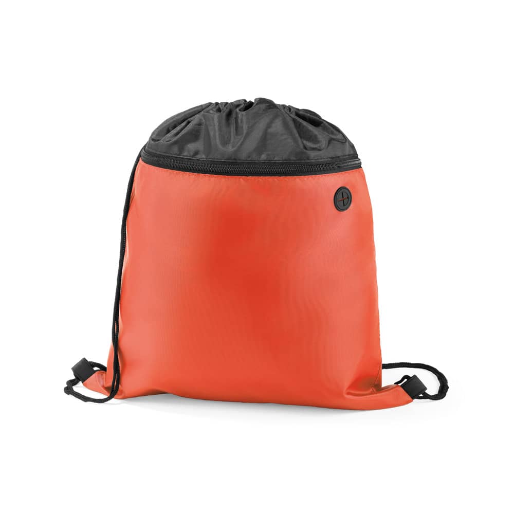 Sacola tipo mochila em 210D com bolso frontal com zíper e saída para fones