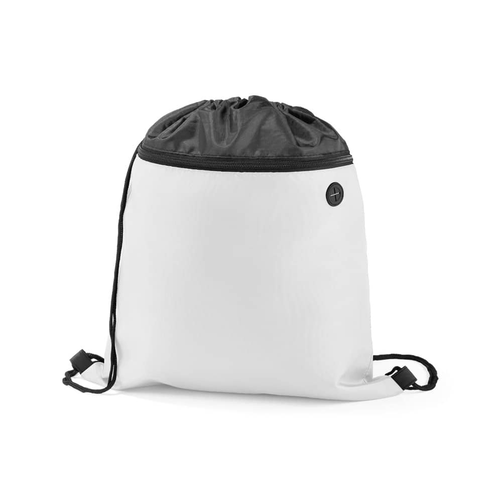 Sacola tipo mochila em 210D com bolso frontal com zíper e saída para fones