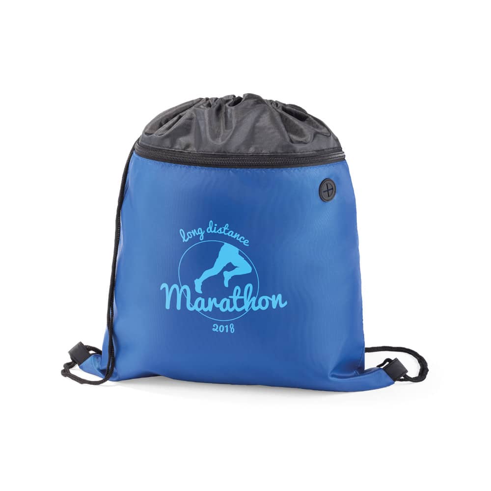 Sacola tipo mochila em 210D com bolso frontal com zíper e saída para fones