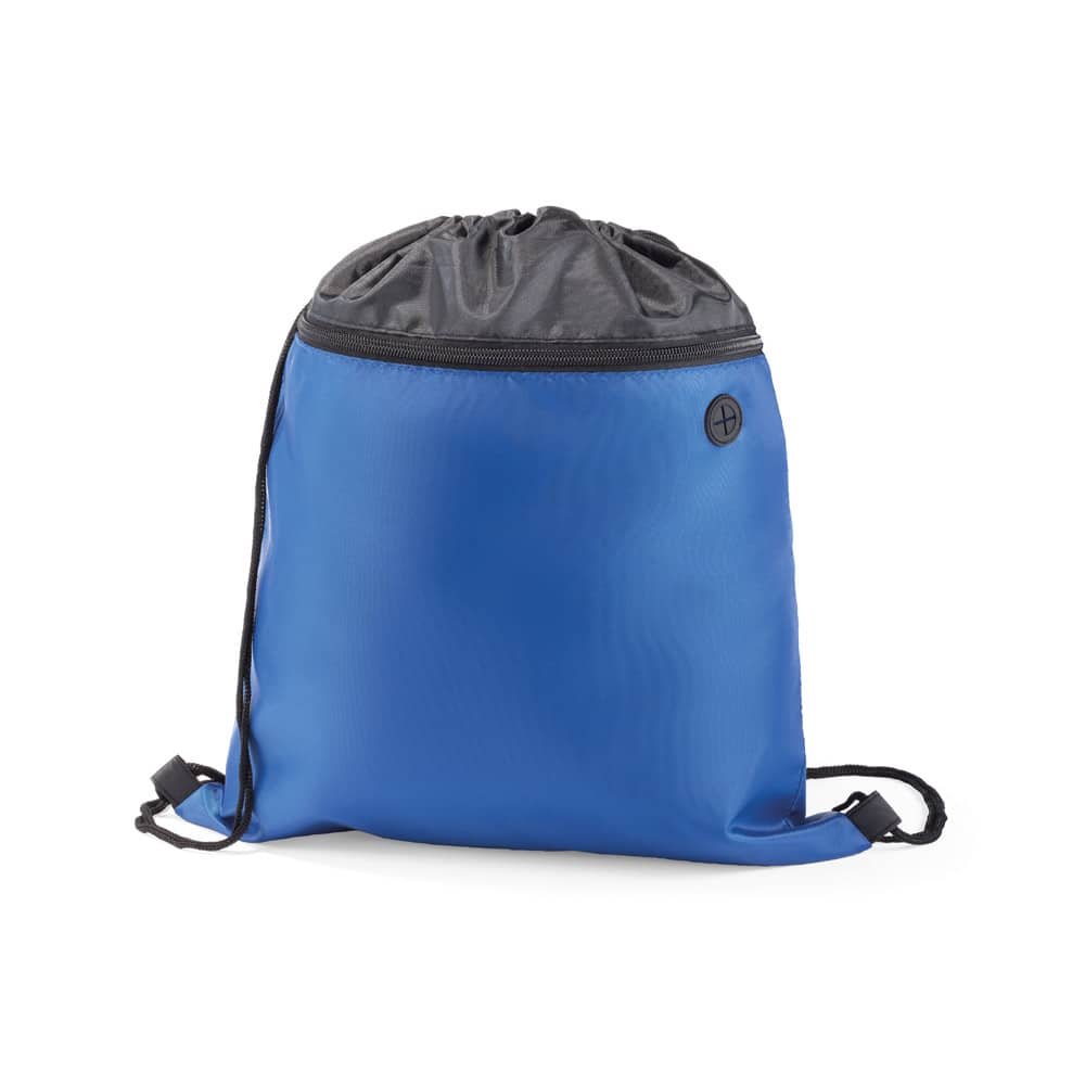 Sacola tipo mochila em 210D com bolso frontal com zíper e saída para fones