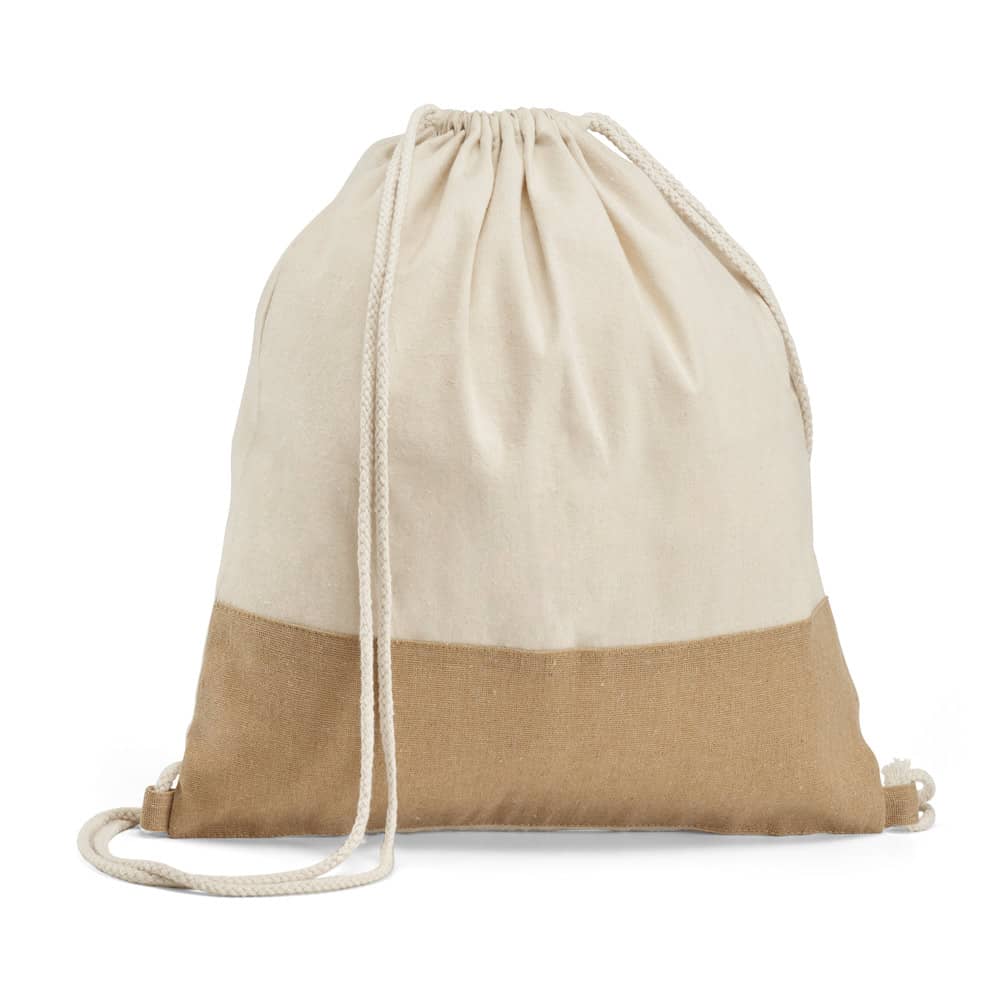 Sacola tipo mochila 100% algodão (160 g/m²) com detalhe em imitação de juta