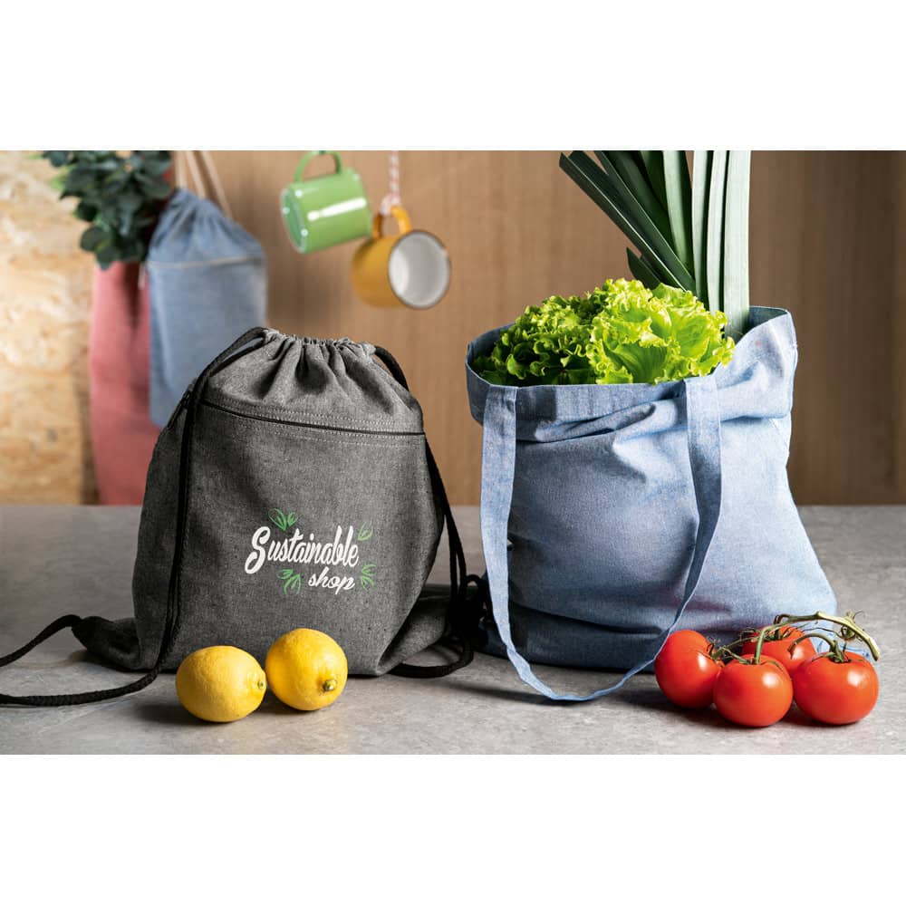 Sacola dobrável em 70% algodão reciclado e 30% poliéster reciclado (140 g/m²) sem tingimento
