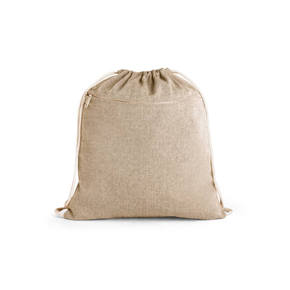 Sacola tipo mochila eem 70% algodão reciclado e 30% poliéster reciclado sem tingimento (140 g/m²)
