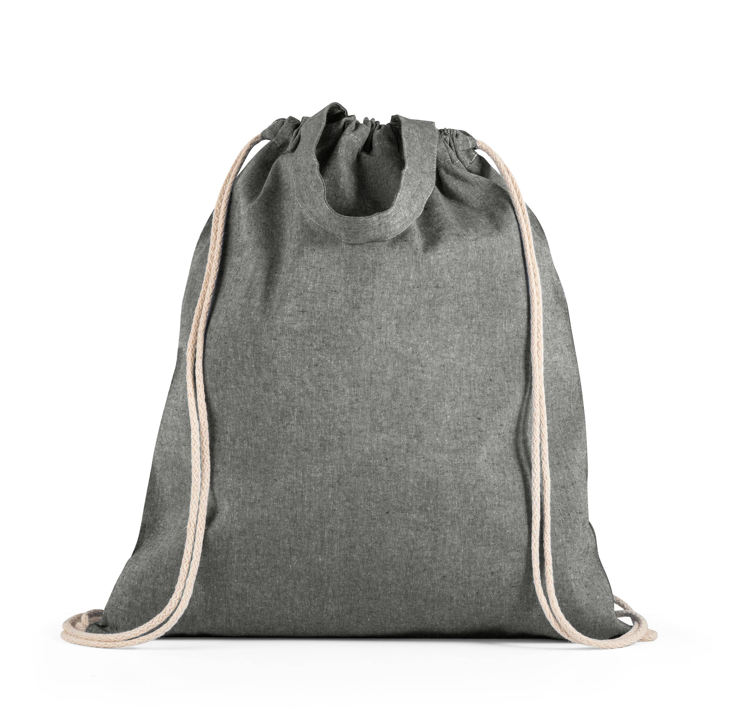 Sacola tipo mochila em 70% algodão reciclado e 30% poliéster reciclado (140g/m²) sem tingimento