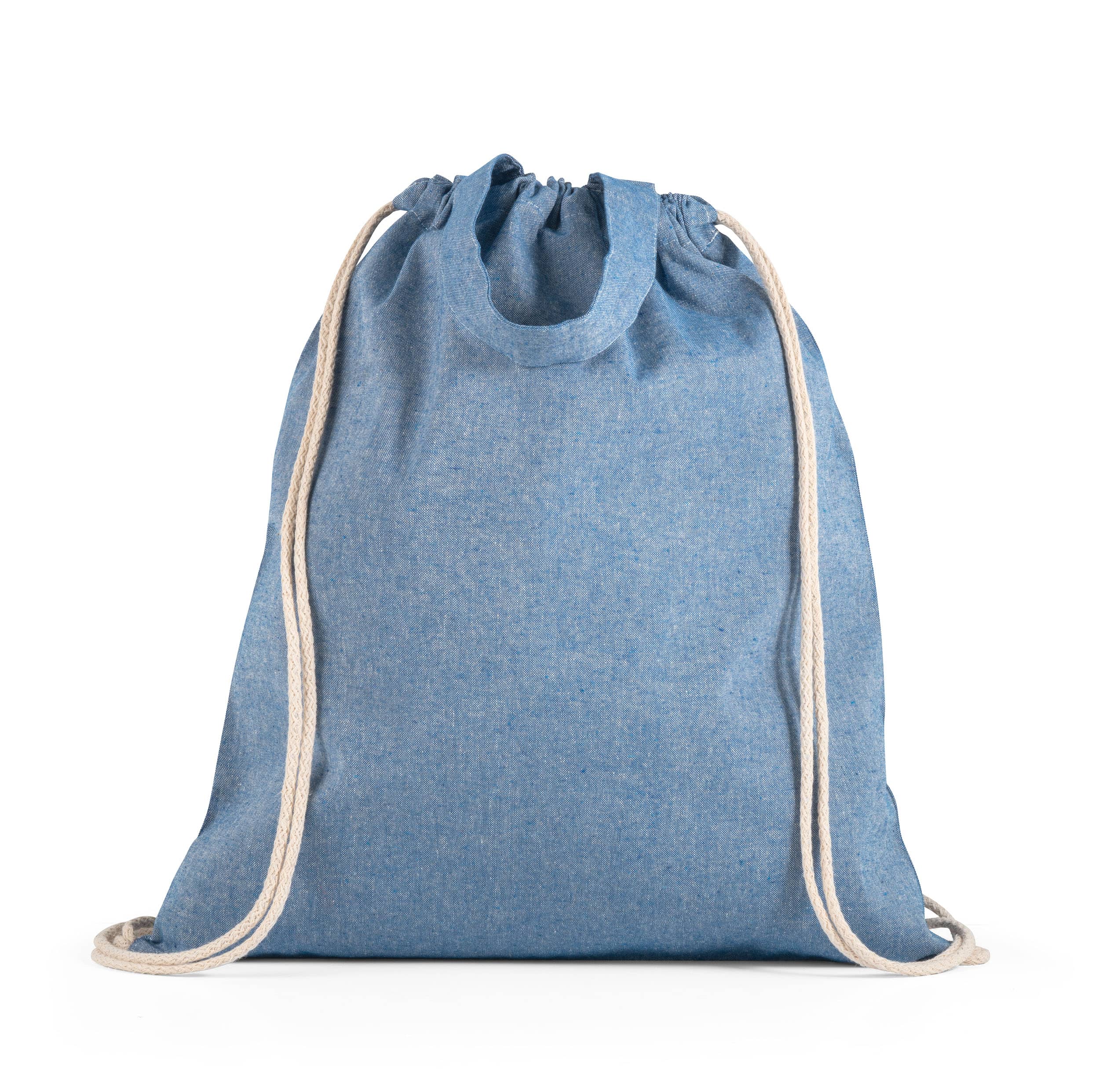 Sacola tipo mochila em 70% algodão reciclado e 30% poliéster reciclado (140g/m²) sem tingimento