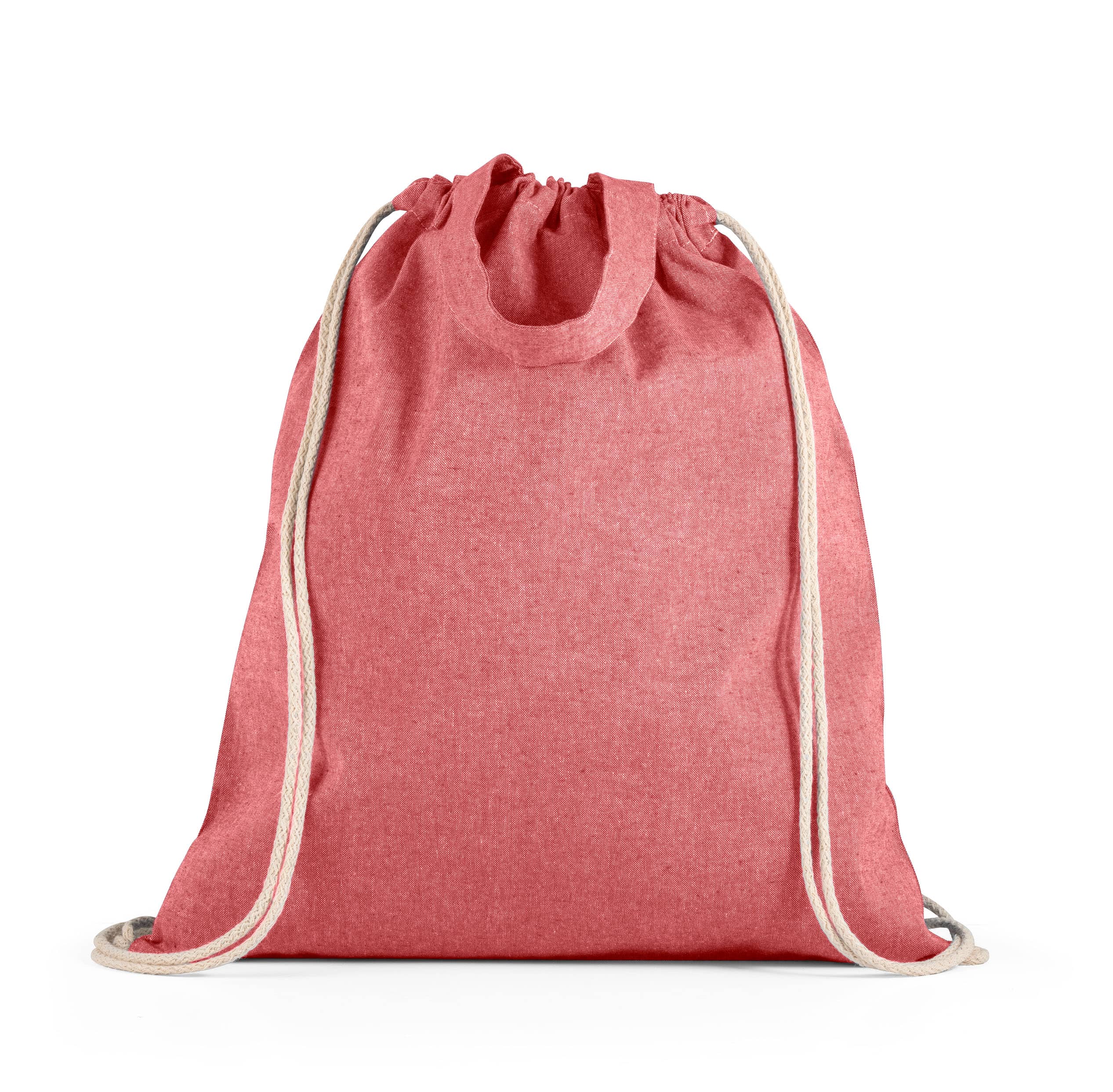Sacola tipo mochila em 70% algodão reciclado e 30% poliéster reciclado (140g/m²) sem tingimento
