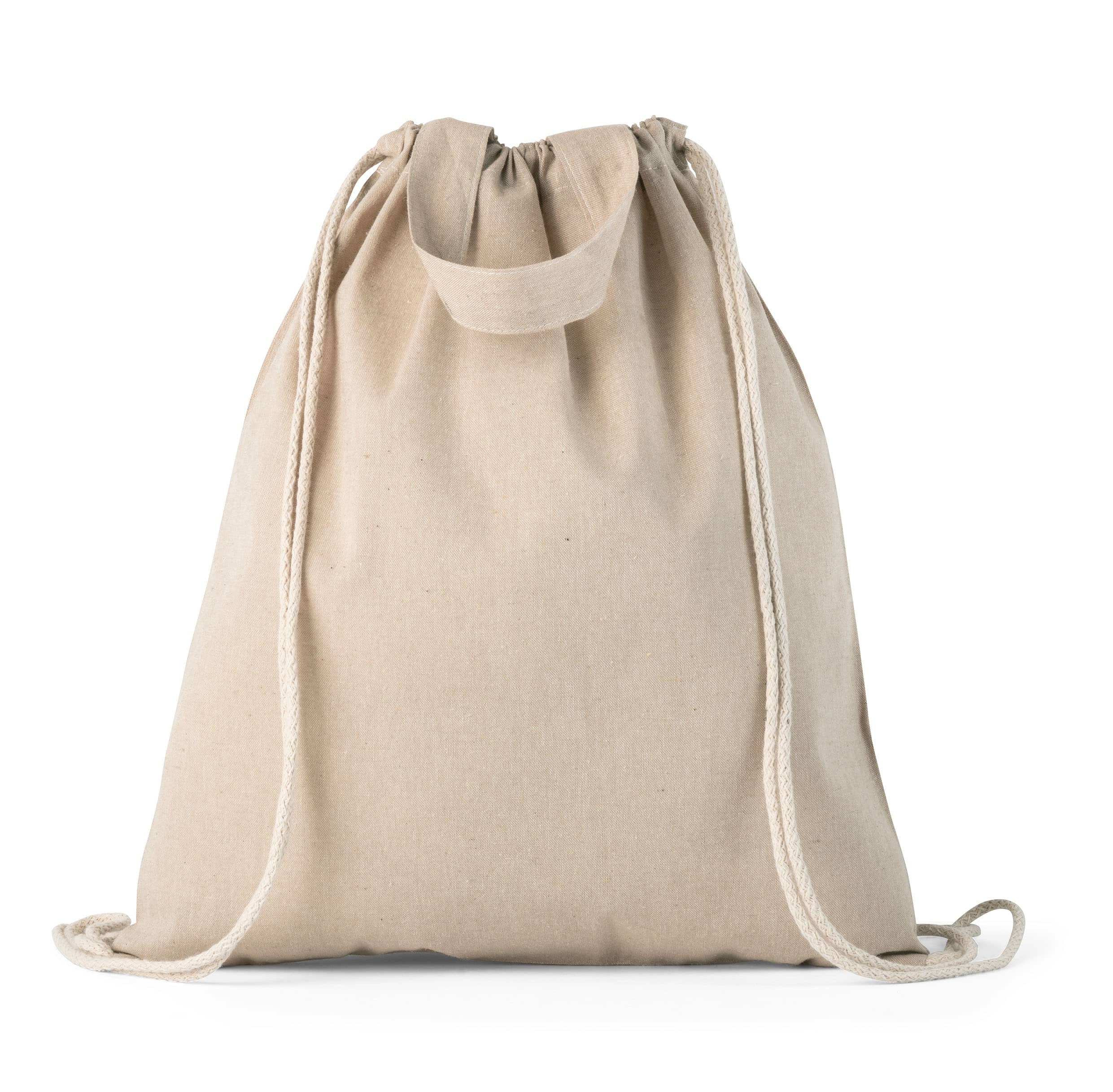 Sacola tipo mochila em 70% algodão reciclado e 30% poliéster reciclado (140g/m²) sem tingimento