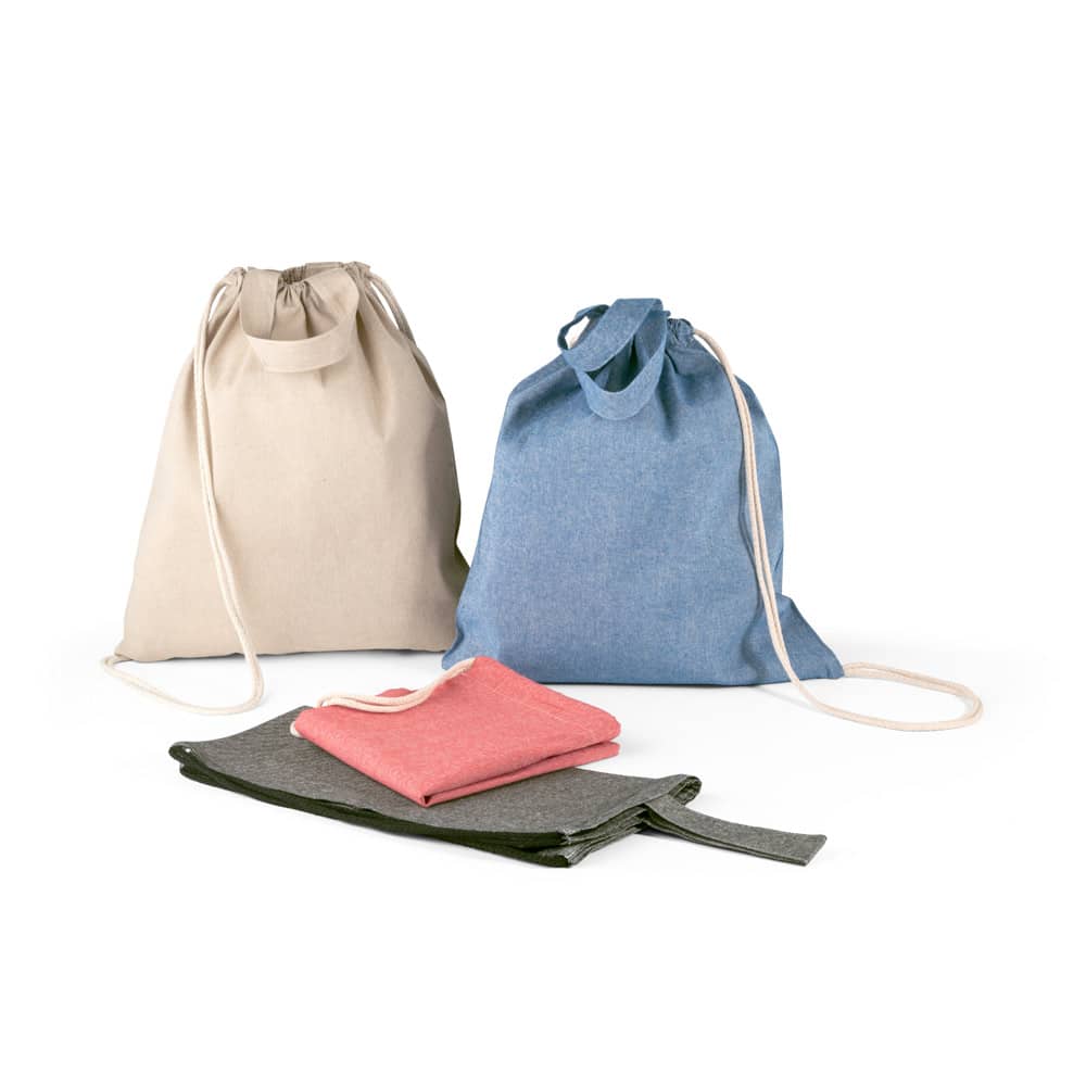 Sacola tipo mochila em 70% algodão reciclado e 30% poliéster reciclado (140g/m²) sem tingimento